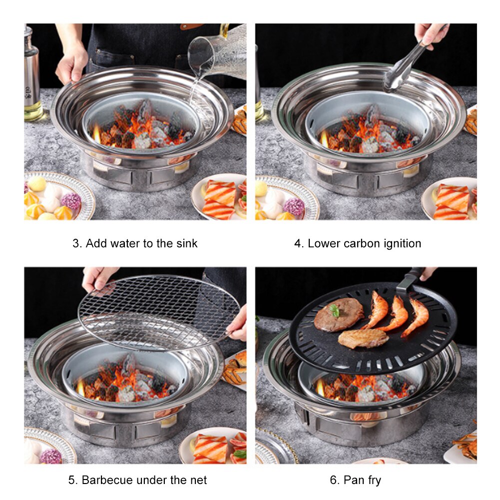 Parrilla de barbacoa de carbón coreana, bandeja antiadherente de acero inoxidable, estufa de carbón portátil para barbacoa de Camping al aire libre