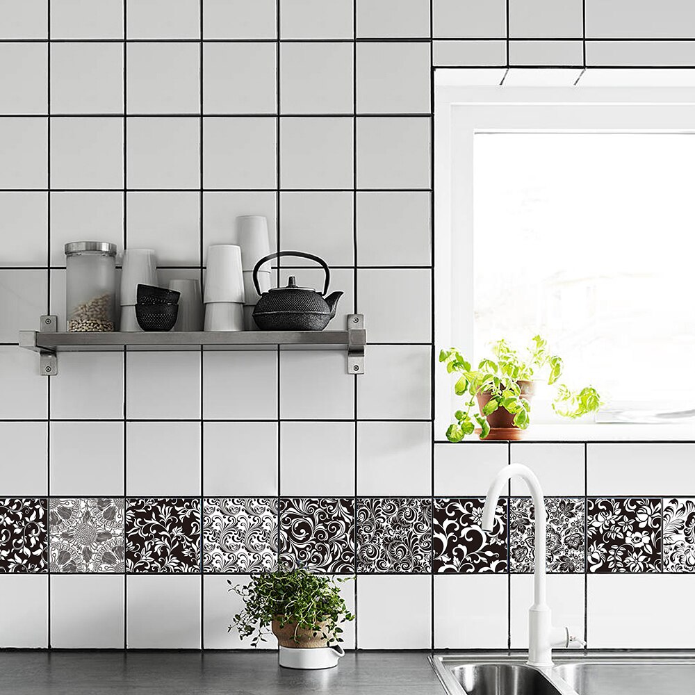 Baroque noir et blanc motif carrelage autocollants salle de bain toilette étanche mur décor Mural