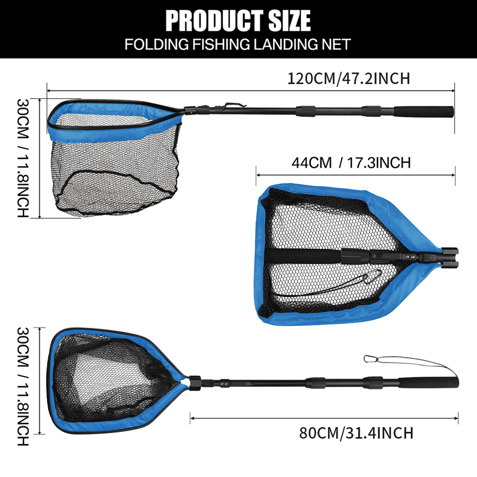 Fishing Landing Net Aluminum Alloy Durable Telescoping Extend to 190cm/130cm/55cm Folding Mesh Safe Fish Catching Releasing