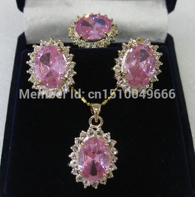 SU264 GRATIS >>> Sieraden roze kristallen hanger ketting ring oorbel sets + gratis Ketting