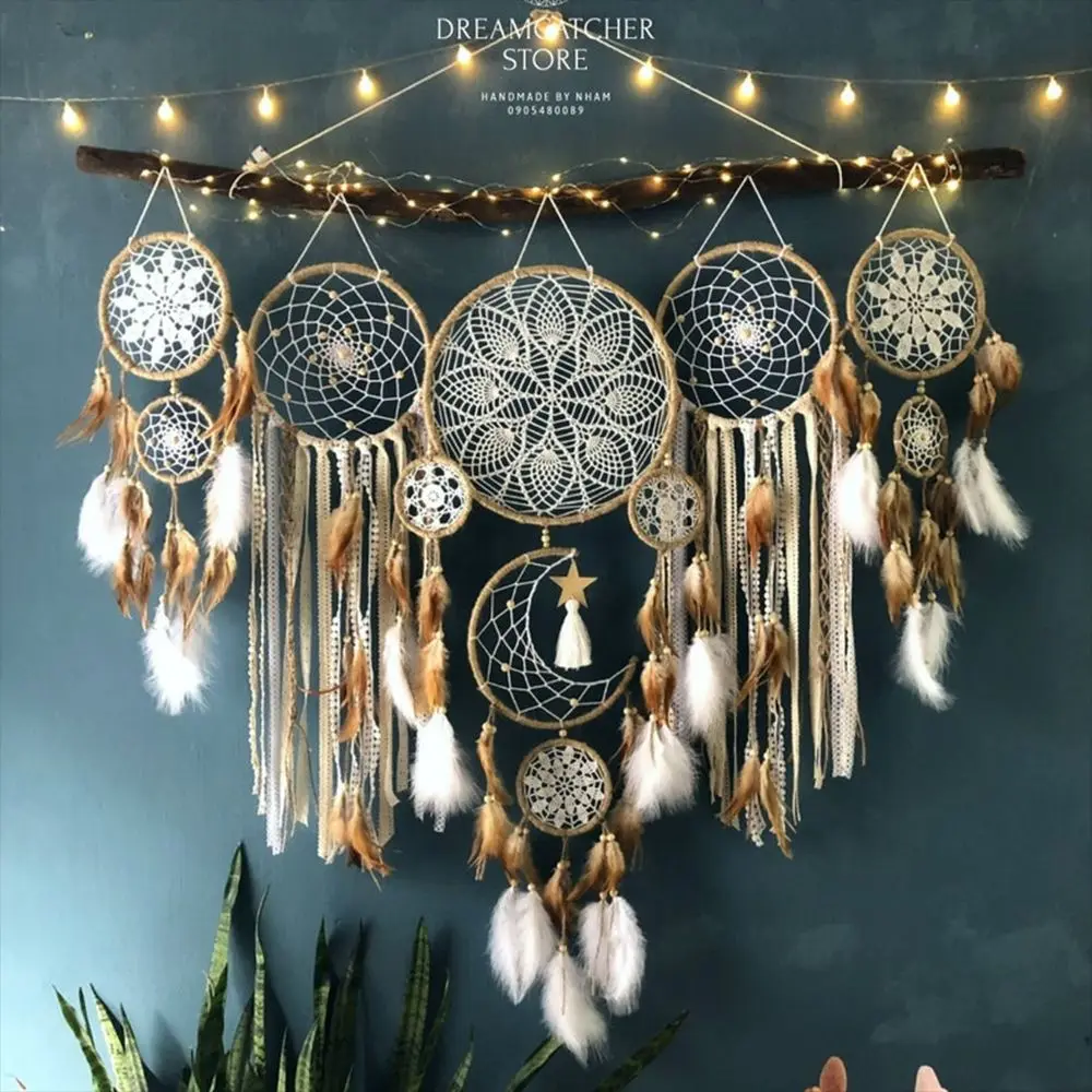 5 unids/set atrapasueños Boho decoración del hogar macramé atrapasueños tapices de pared Luna Ramadán atrapasueños niños adorno para guardería: Amarillo claro