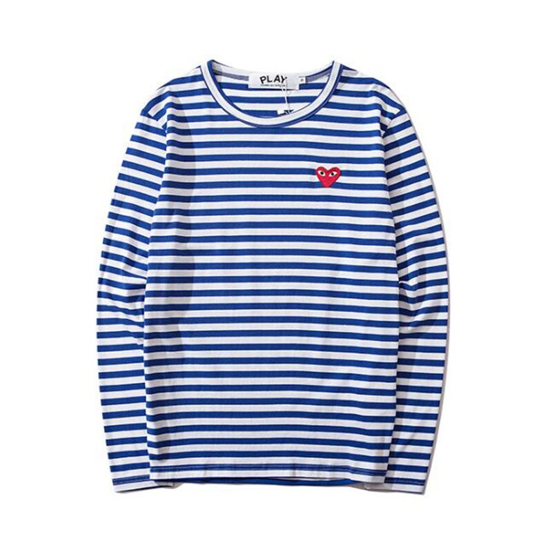 Spelen Mannen Vrouwen Gestreepte T-shirt Liefde Borduren Katoen Ronde Hals Lange Mouwen Rechte T-shirt Lente Zomer Paar T-shirt: Blauw / L