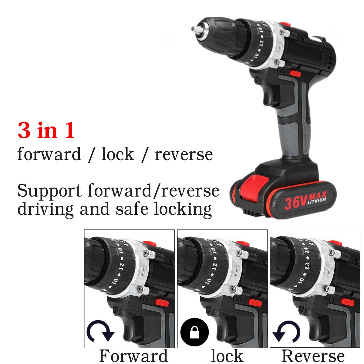 25+3 Torque 36V Cordless Electric Impact Drill Li-ion Battery Screwdriver LED Working Light DIY Home Hand Flat Drill Power Tools