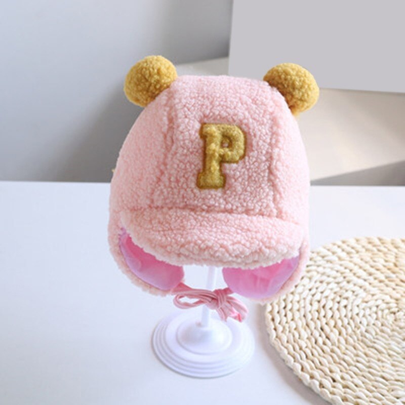 Inverno quente bebê meninos letra p cordeiro veludo earflap chapéu duplo pompom boné beanies para crianças criança gorro eargflap: Pink