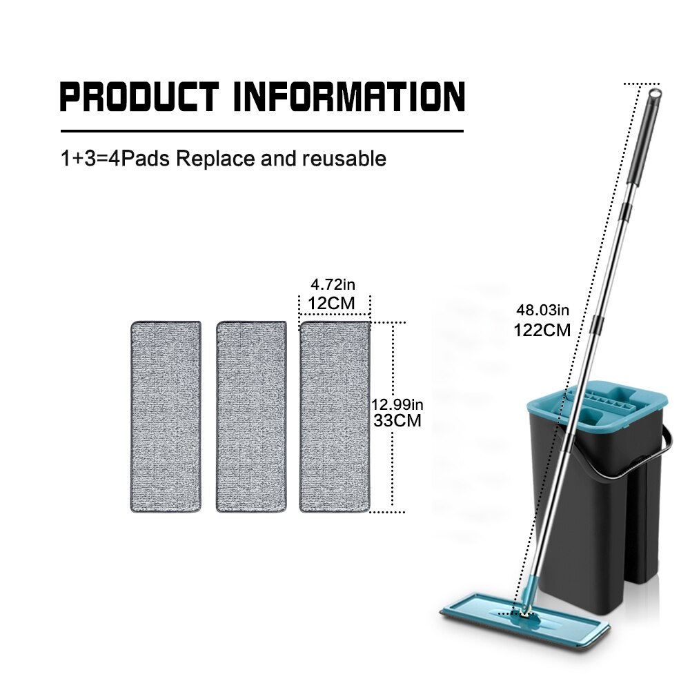 Trapeador plano con cubo Rotación de 360 ​​grados No lavar a mano Fregona para limpieza de suelos 6 alfombrillas de microfibra Uso húmedo y seco Utensilios de cocina para el hogar: B Black 4pcs Pads