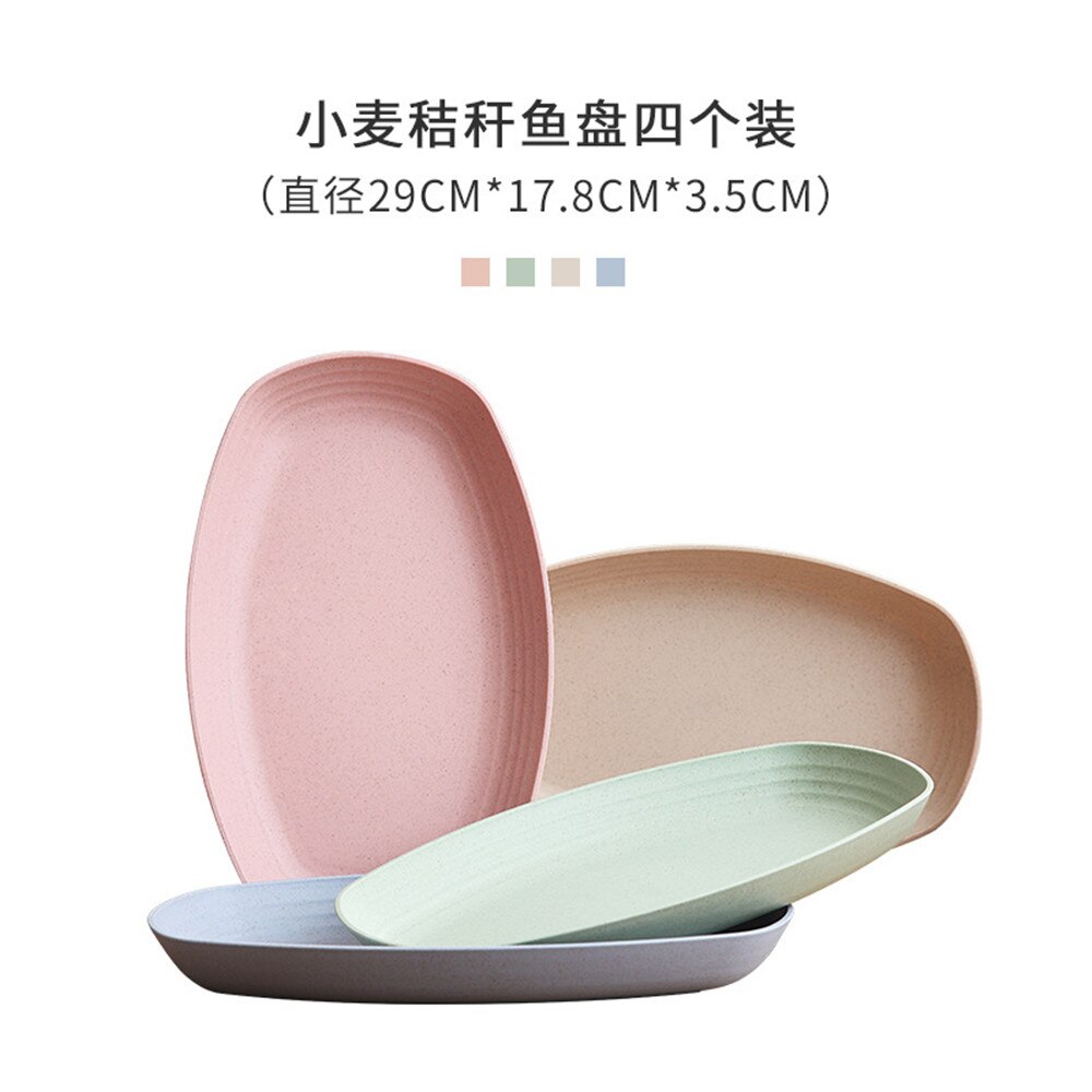 4pcs/Set Wheat Straw Tableware Set Cutlery Baby Children Dishware Simple Dishes Salad Bowl Steak Plate Dinnerware: A5  Fish dish 4Pcs
