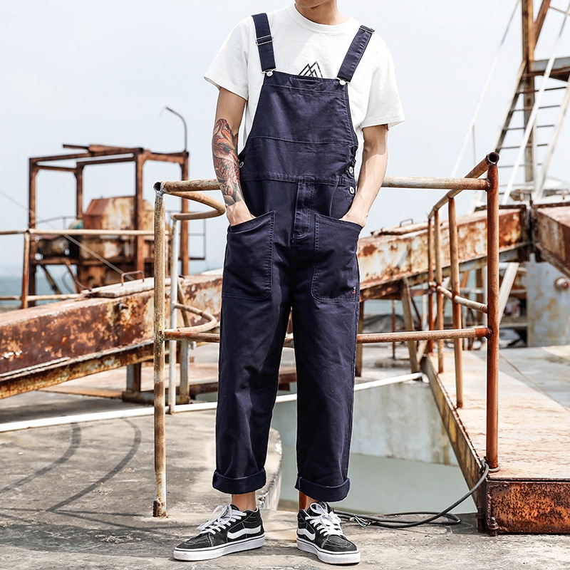 Punk stil herr lös overall jumpsuit herr one piece jumpsuit hip hop hängselbyxor man casual overall stora fickor byxor