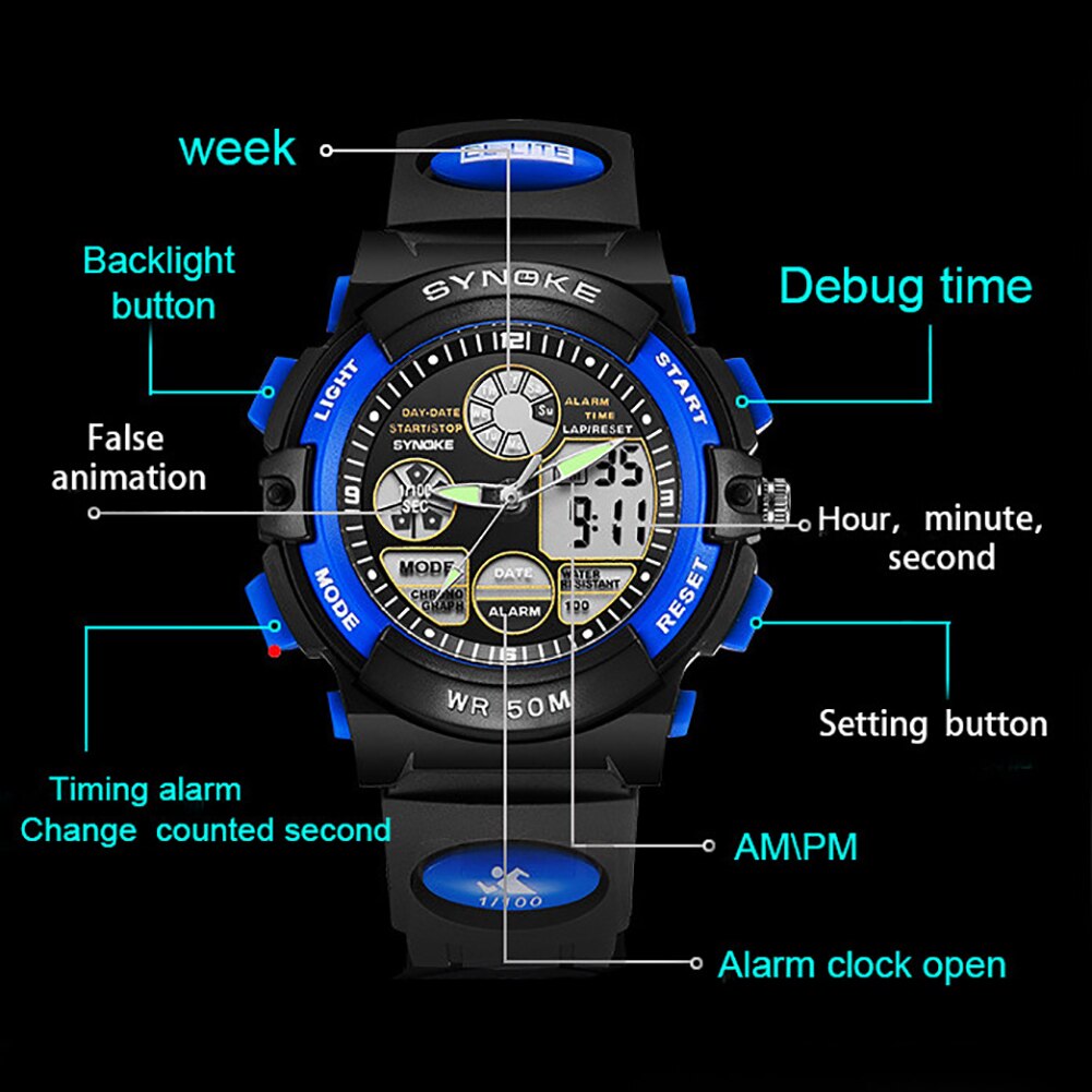Waterdichte Digitale Analoge Elektronische Beweging horloge Dual Time Datum Alarm Lichtgevende Kid Jongen Meisje Polshorloge voor Jongens Meisjes me