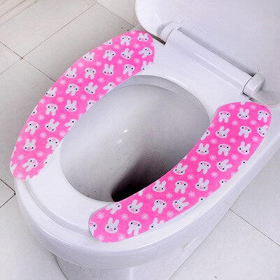 2pcs/set Washroom Warm Washable Health Sticky Toilet Mat Seat Cover Pad Household Reuseable Soft Toilet Seat Cover: pink rabbit