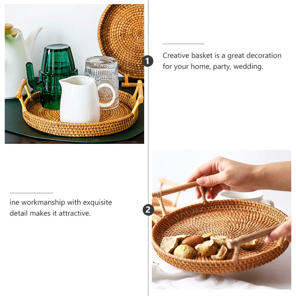 1PC Rattan Woven Basket Practical Picnic Ratten Tray Outdoor Storage Basket Portable Picnic Basket (Medium, Diameter 28x3.5cm)