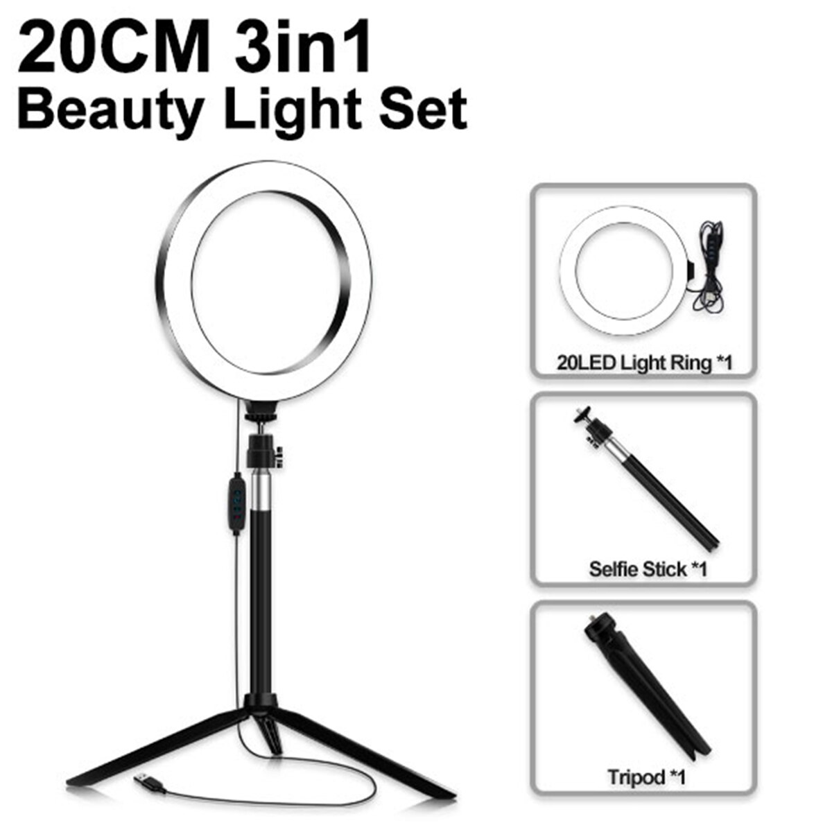 7.9 Inch LED Ring Light Dimmable Ring Light 3In1/5in1 USB LED Ring Lights 3200K With Tripod