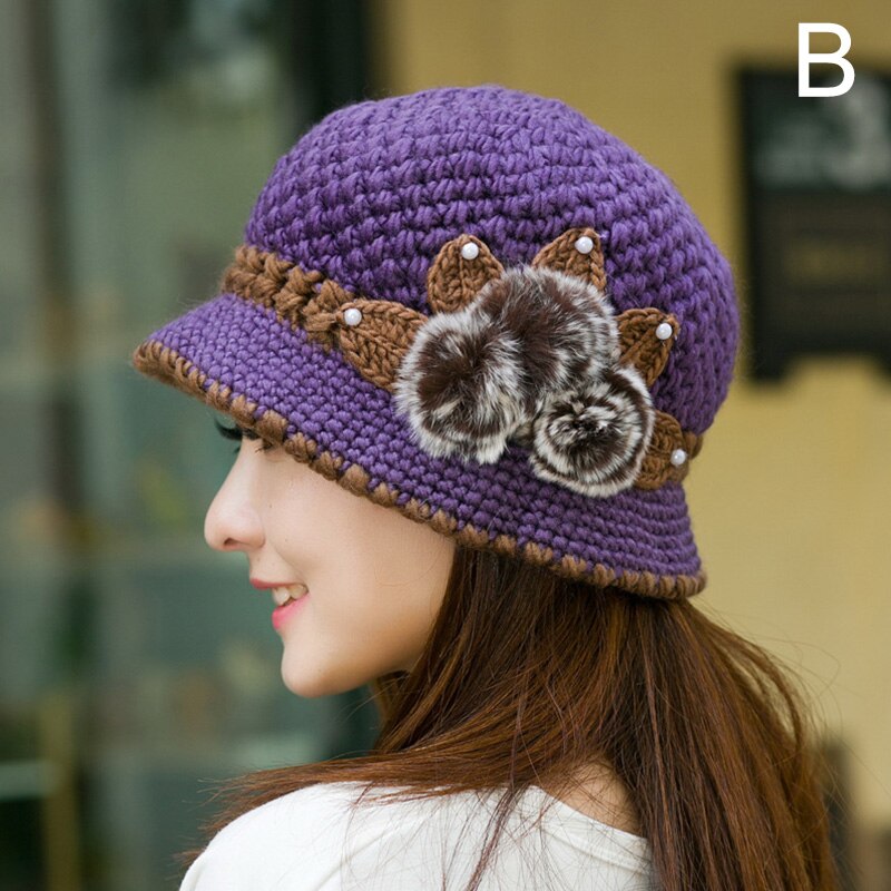 Women Woolen Beanie Hat Winter Knitted Caps With Flower Pattern Ladies Warm Bucket Hats Capot: 02