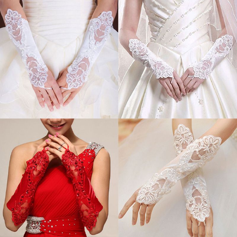 Guantes largos de novia para mujer, sin dedos, bordados, encaje, lentejuelas brillantes, Color sólido, longitud del codo, mitones, gancho, dedo, boda