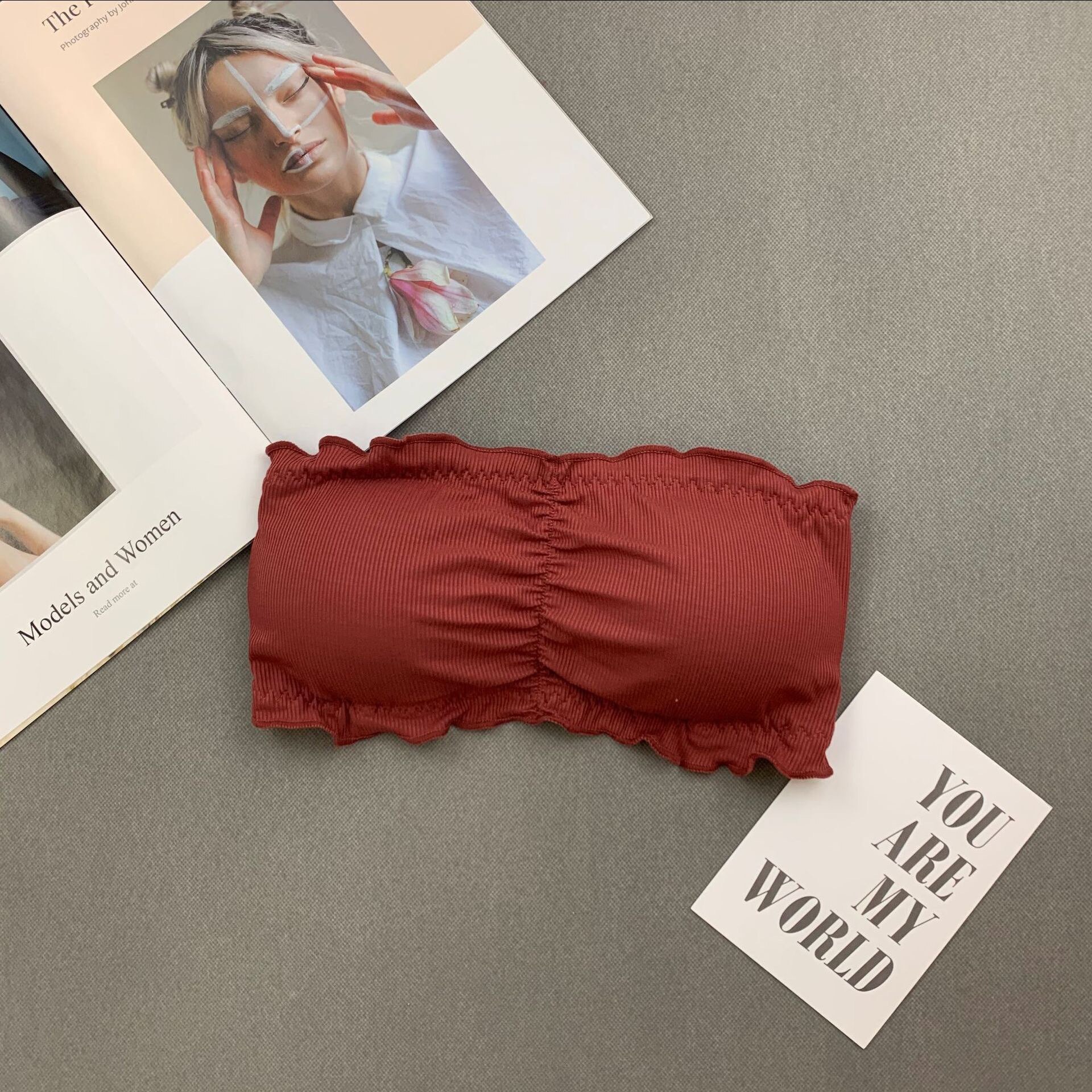 Mooie rug dames bh zonder stalen ring met rugbandgesp, één woord wikkel rond zonder bandjes, meisjes gewikkelde borst: Rode wijn