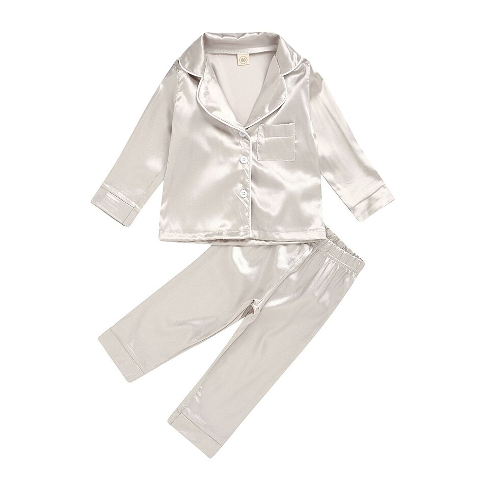 Ensemble pyjama pour enfants, costume pour bébé, vêtements pour enfants, tout-petits, garçons et filles, coton, soie, satin, ensemble haut et pantalon uni, vêtements de maison: Beige / 12m