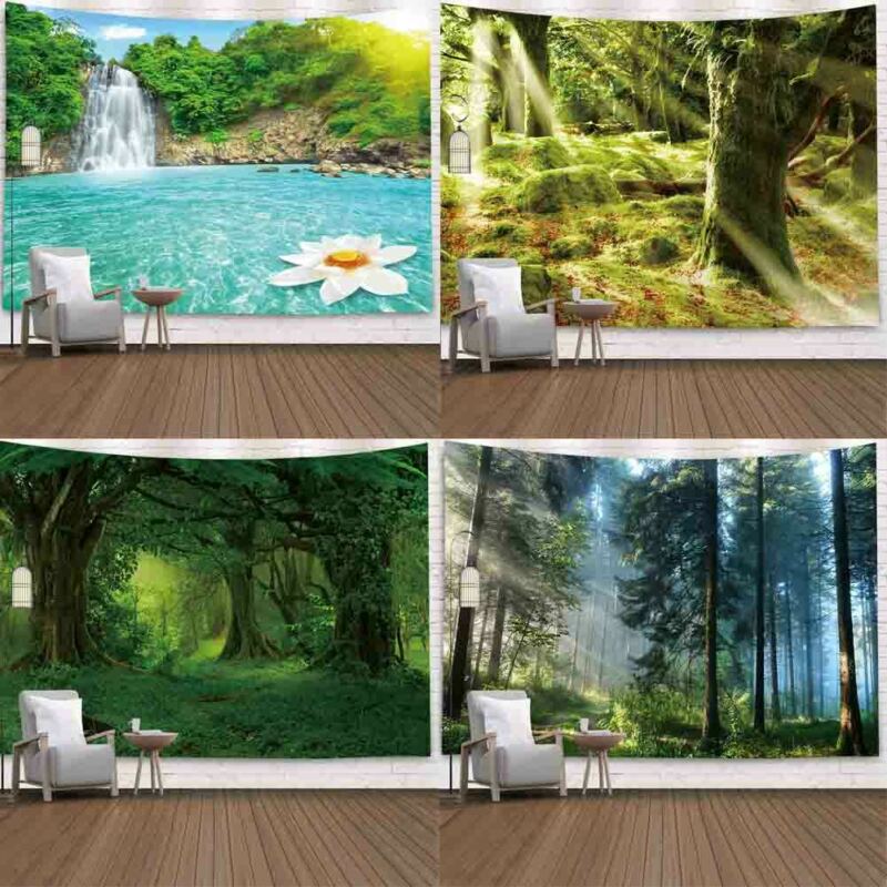 Moderne væg gobeliner skov print gobeliner kunst grønt landskab væg hængende boligindretning
