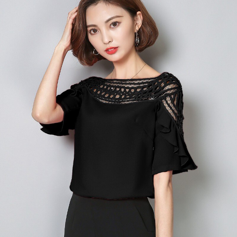 Blusas de gasa con volantes para Mujer, Tops de encaje calado, talla grande, verano,