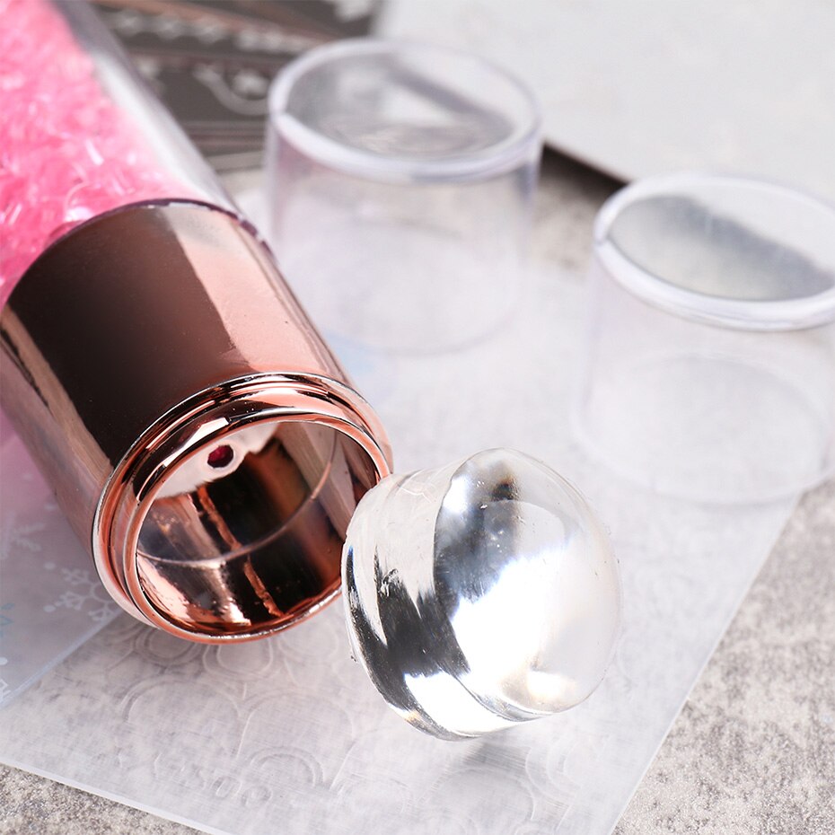 STZ 3pc Double-ended Silicone Nail Stamper with Crystal Rhinestone Handle Transparent Jelly Template Stamping Tool Scraper #1836