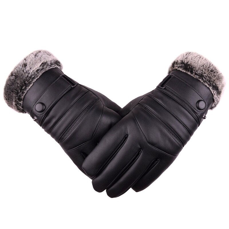 Winter Men Warm Hand Gloves Waterproof Faux Leather Touch Screen Mittens Black Driving Ski Gloves