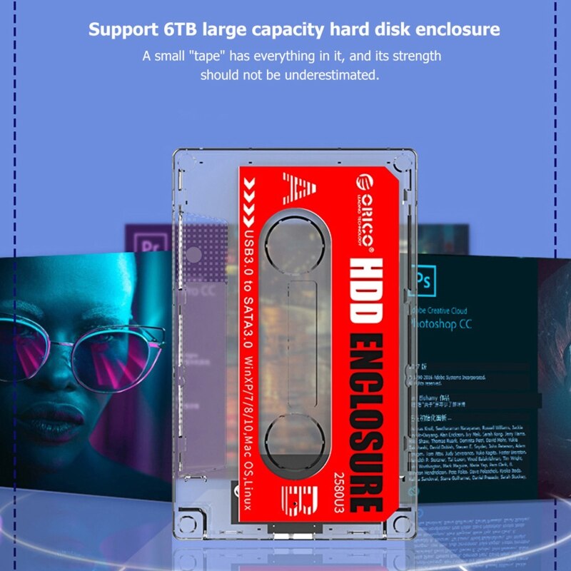 ORICO 2580U3 Transparent 2.5'' USB3.0 HDD SSD Case Hard Drive Enclosure with DIY Stickers Cassette Tape Like Appe