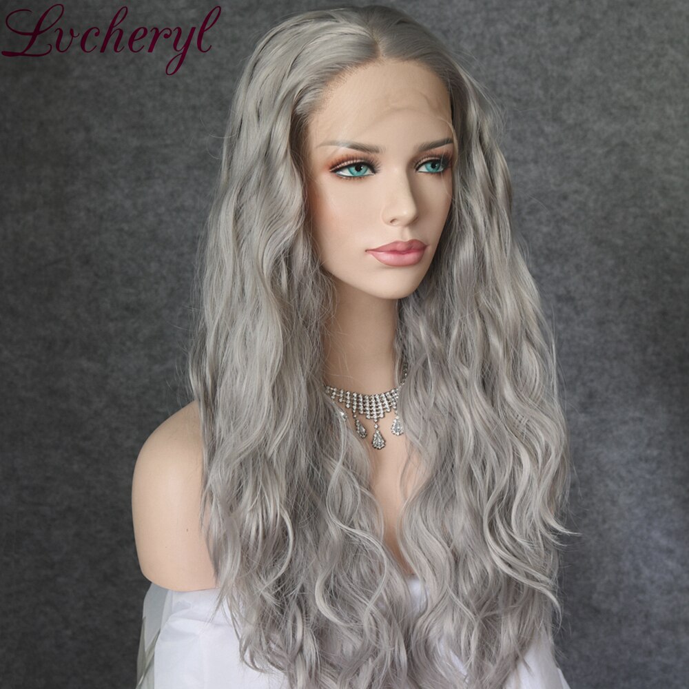 Lvcheryl Natural Long Grey Color Synthetic Hair Wigs Party Wigs Heat Resistant Hair Lace Front Wigs for Women