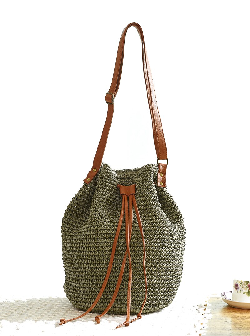 Mochila tejida de paja de para mujer, bandoleras de verano para adolescente, bolso de viaje para mujer, Mochila para libros: Verde militar