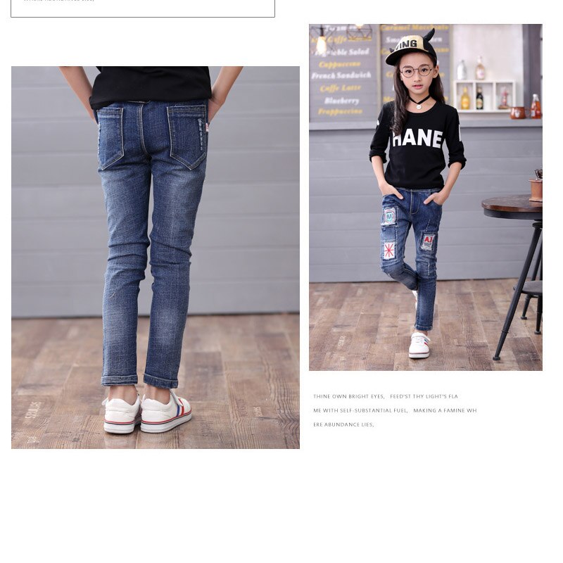 Pantalones vaqueros de cintura elástica para niñas, pantalón largo con parche de personalidad, a la , para Primavera, 4, 8, 10 y 12 años