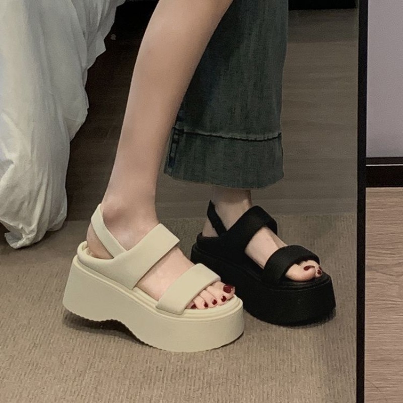 Sommer chunky sandaler dame kilehæle slides 8cm høje hæle læder afslappet kvinde strand tyk bund flip-flops