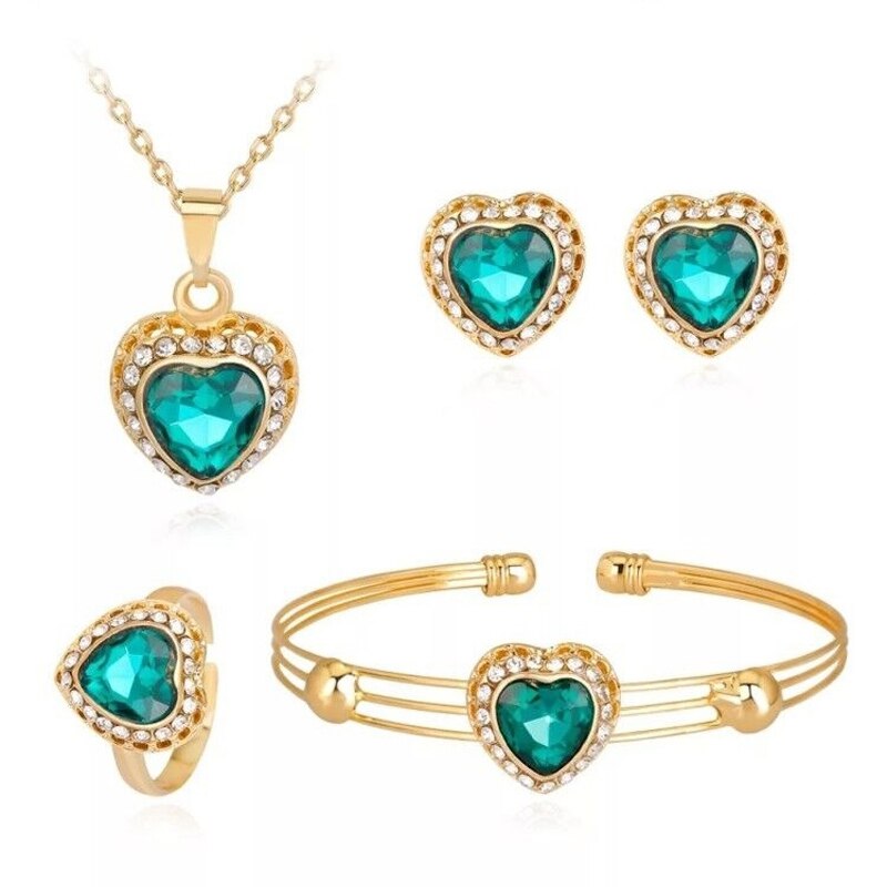 MINHIN Austrian Crystal Love Heart Jewelry Sets for Women 4Pcs Necklace/Earrings/Bangle/Ring Bridal Wedding Sets: 1442 green