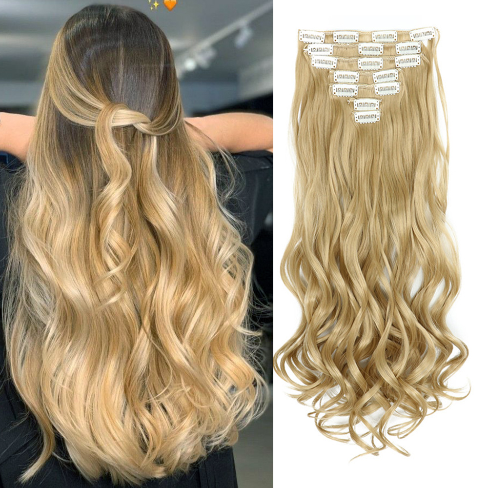 Extensiones de cabello con Clip, 7 Uds., cabeza completa, 22 pulgadas de largo, rizado, ondulado, sintético, Ondulado Natural para mujeres y niñas: #24