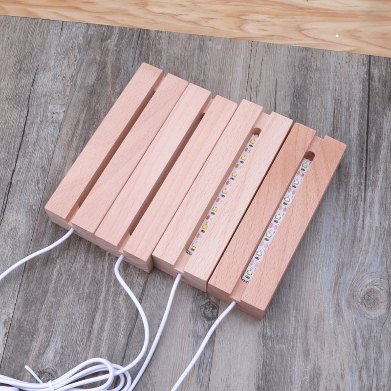 Resin Art Rectangle LED Lights Display Base Crystal Wooden Lighted Base Stand