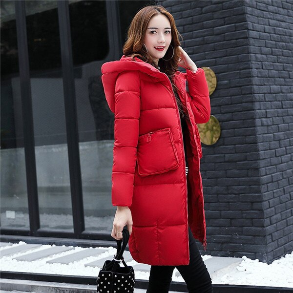 Parkas Style Korean Womens Winter Coat Hooded Cotton Long Female Jacket Slim Warm Student Padded Parka Mujer WXF212: red / L
