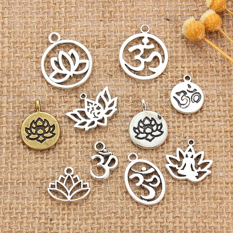 10pcs/lot Mix Styles Tibetan Silver Lotus Flower Yoga OM Charm Pendants Jewelry Accessories Bracelet Jewelry Findings DIY