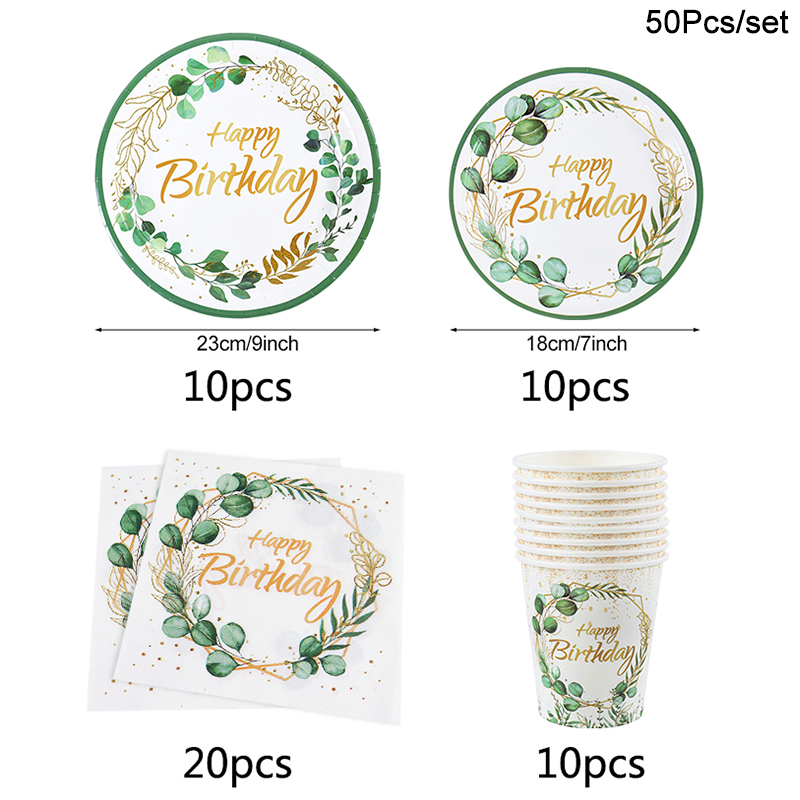 Green Eucalyptus Leaf Disposable Tableware Set Paper Plate Cup Napkin Kids Adult Birthday Supplies Hawaiian Summer Party Decor: MINT GREEN