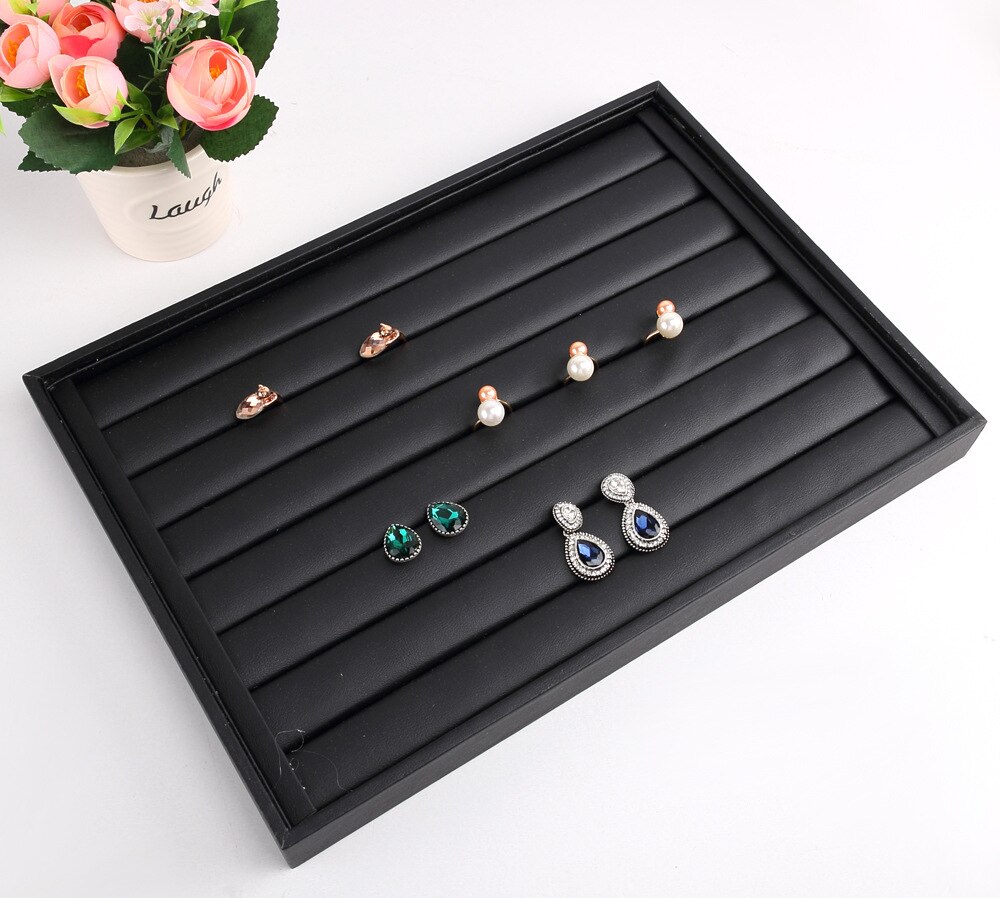 Luxe Zwart Pu Lederen Sieraden Pallet Ketting Lade Voor Show Ringen Armband Tentoonstelling Sieraden Organisator Vitrines: rings tray 1