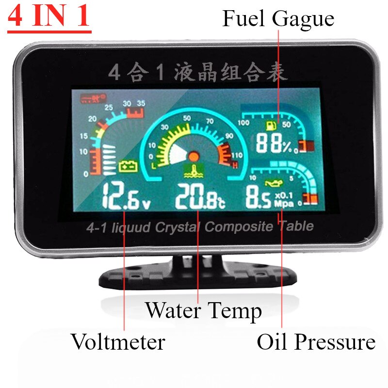 Universal 4in1 LCD Car Digital ALARM Gauge Oil Pressure Gauge Voltmeter Voltage Water Temperature Fuel Gauges Plastic Shell
