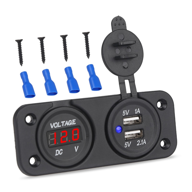 2 In 1 12 v Auto Dual USB Power Socket Oplader Boot Motorfiets Charger Adapter Met Voltmeter Panel Auto Voltage USB Dual Socket