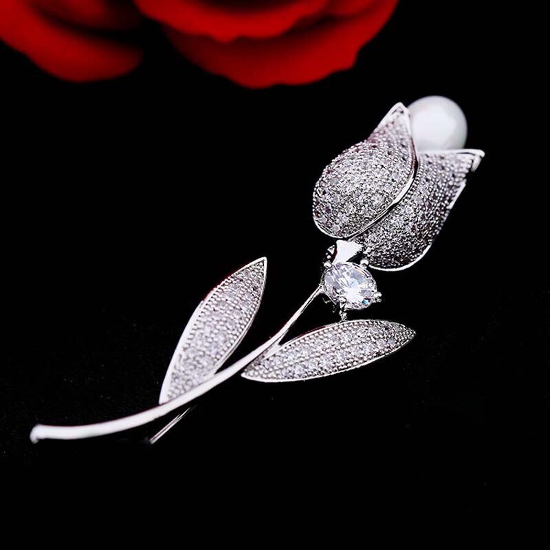 Red Trees Brand Classic Rose Flower Brooches For Women Wedding With Luxury AAA Cubic Zirconia Christmas Box Package