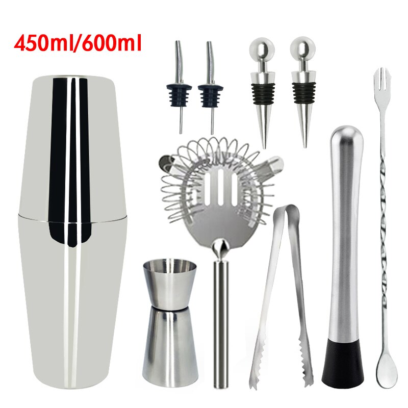 10-11Pcs/set Cocktail Shaker Bar Set with Measuring Jigger Mixing Spoon Stainless Steel Bar Tools - Built-in Bartender Strainer: 11Pcs450600ML