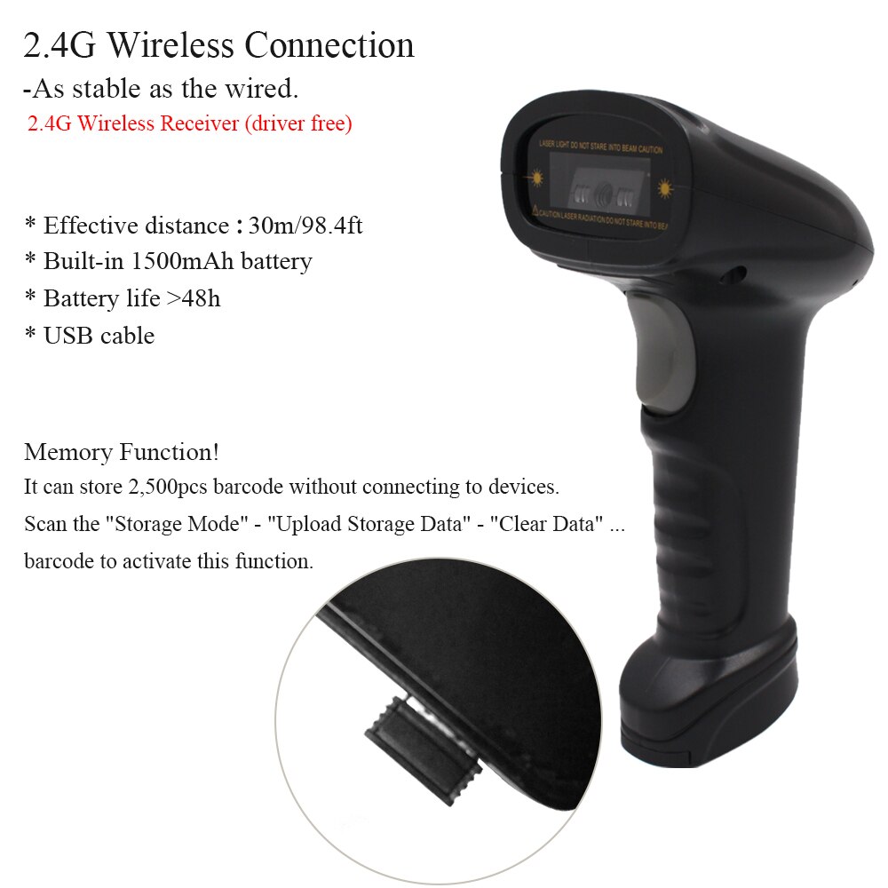 Aibecy Handheld 2.4G Wireless USB Wired 1D Barcode Scanner CCD Bar Code Reader for Windows Mac Android OS