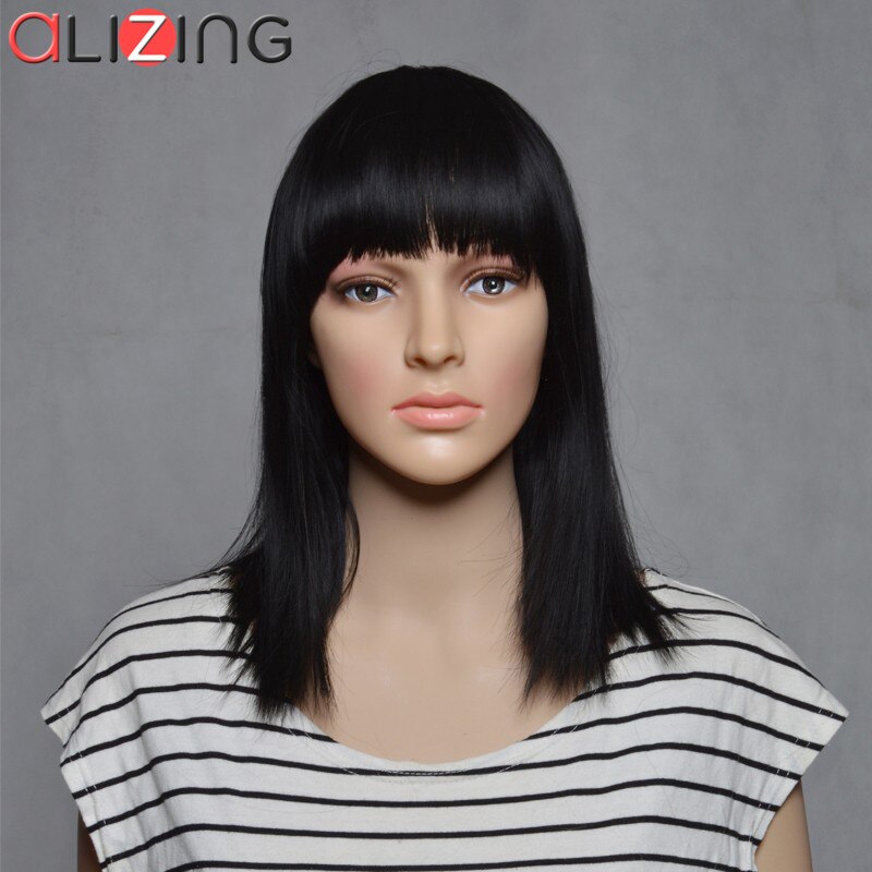 Alizing Synthetische Natuurlijke Zwarte Pruik Lange Rechte BOBO Haar stijlen Pruiken Sliver Grey Haar BOB Fiber Haar Pruiken Pelucas Pelo 0178