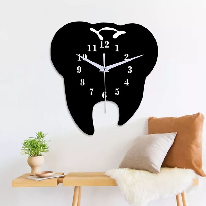 Timelike Tooth-Shaped Wall Clock Dental Ornament Wall Clock 3D Acrylic Mirror Wall Sticker Home Decor