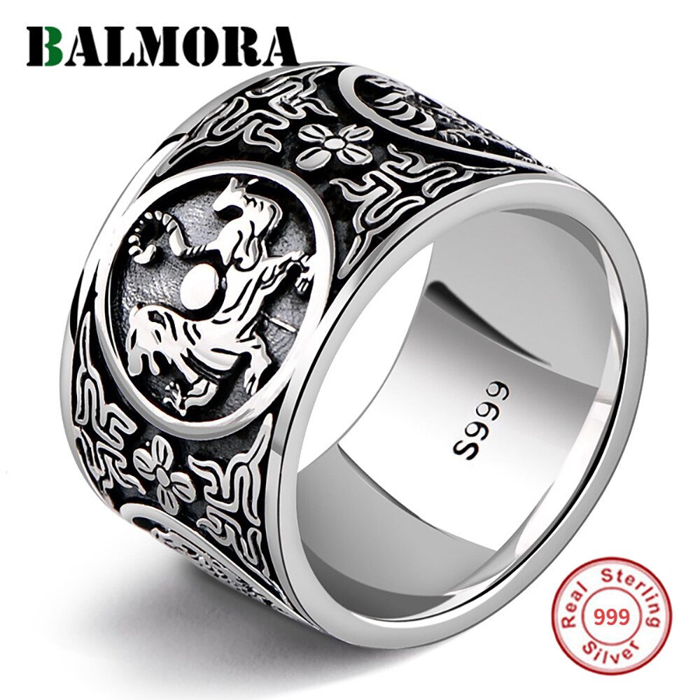 BALMORA Reale di 999 Puro Argento Dell'annata del Drago Tigre Accatastamento Anelli per Gli Uomini di Sesso Maschile Le Donne Punk Freddo Gioelleria Raffinata E Alla Moda Anillos1.4cm Larga