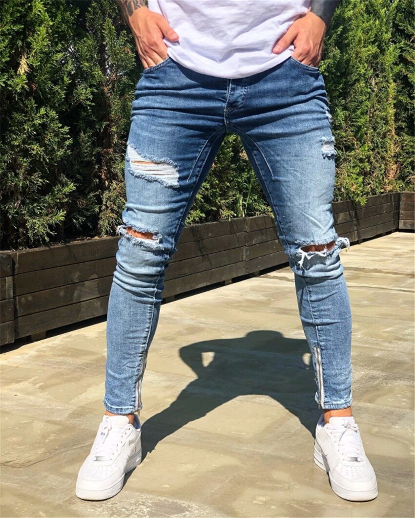 Jean en Denim déchiré et détruit pour Homme, pantalon Streetwear, style Hip hop, slim, Punk, longueur cheville,