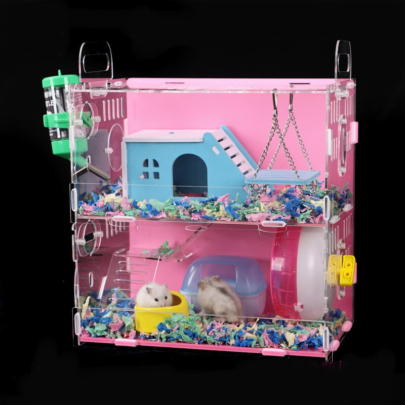 Grote Maat Hamster Huis Acryl Transparant Hamsterkooi Wielen Kleine Huisdier Villa Cavia Kooi Speelgoed Nest Accessoire 30x20x30CM
