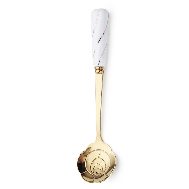 Mini Stainless Steel Dessert Spoon Ceramic handle flower Spoon Teaspoon Gold Coffee Cake Fruit Milk Spoon Kitchen Tableware: B-rose