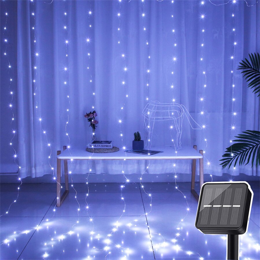 Rideau lumineux solaire pour chambre à coucher, fêtes de mariage, 300 LED, toile de fond pour fenêtre murale, guirlande de glaçons pour jardin, gazébo, décor de barbecue: White / 3X1M 100LEDS