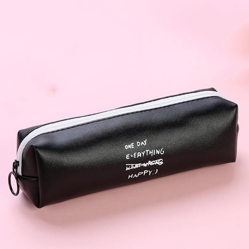 Cartuchera de cuero de PU con puntos blancos y negros, bonita cartuchera con letra rosa para niñas, bolsa para bolígrafos, bolsa de papelería, suministros para oficina y escuela: Black English