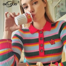 Leuke Meisjes Regenboog Gestreepte Truien Vrouwen Herfst Polo Hals Skinny Trui Tops Harajuku Zoete Bloem Borduren Jumpers Femme