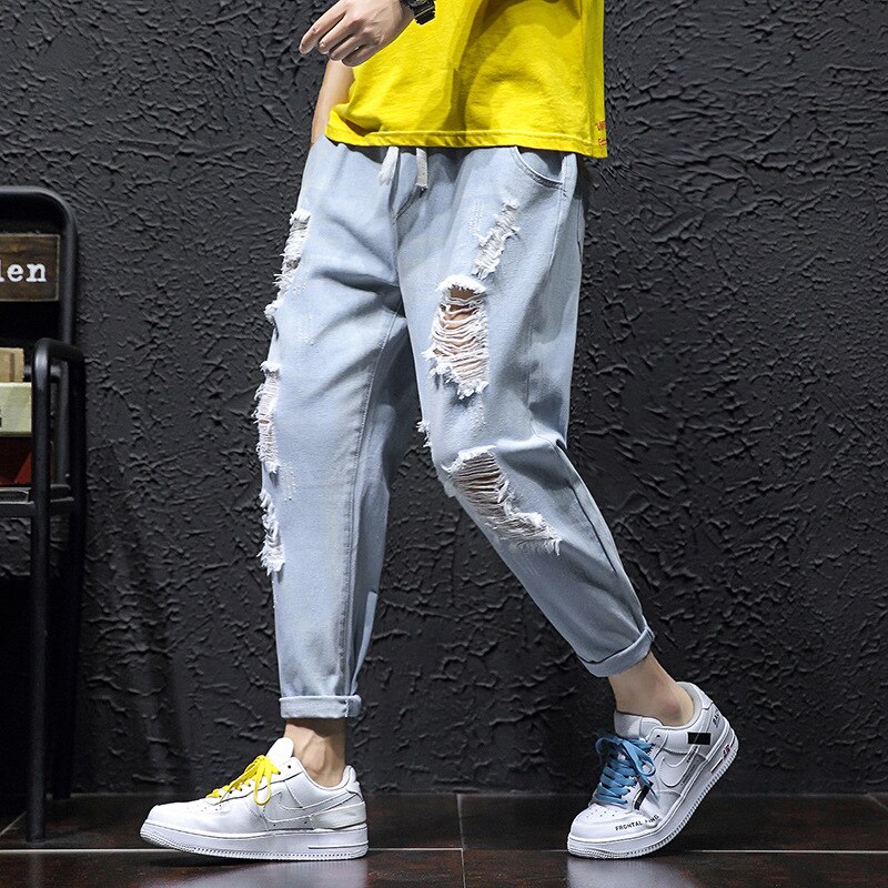 Pantalones vaqueros de para hombre, pantalones de estilo coreano Harajuku con agujero roto, holgados de talla grande, Harem, ropa,